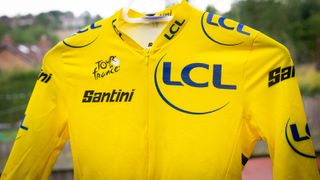 A close up of the chest section of the The Tour de France yellow jersey