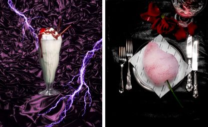 DeadHungry milkshake against purple background next to savoury cotton candy served on plate at Selfridges Cinema 