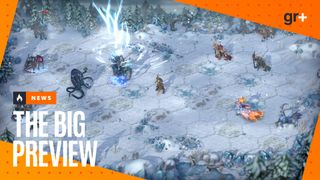 A Schism unit calls down magic on a snowy battlefield in Heroes of Might and Magic: Olden Era, with the GamesRadar+ The Big Preview frame