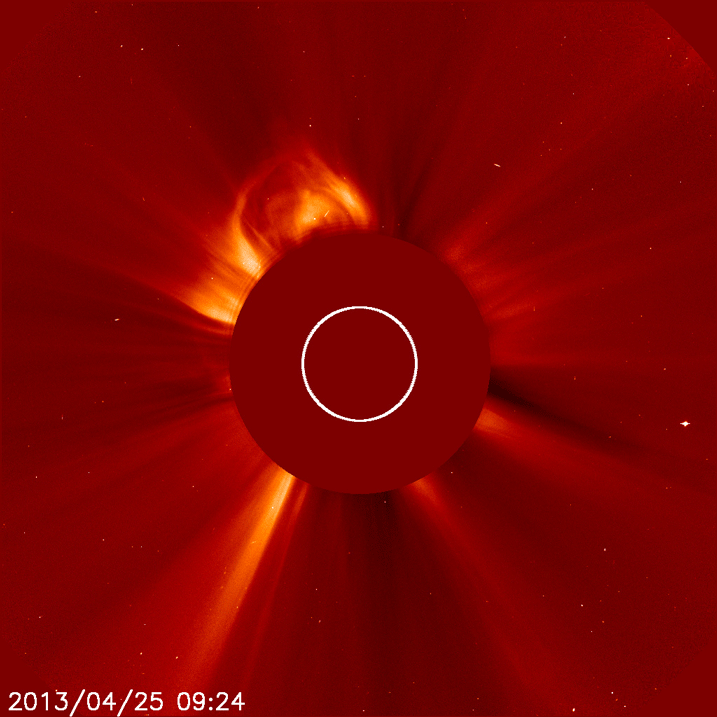 The joint ESA-NASA Solar Heliospheric Observatory (SOHO) captured this series of four images of a coronal mass ejection (CME) escaping the sun on the morning of April 25, 2013.