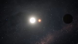 This screenshot from a NASA animation depicts the two known planets in the Kepler-47 system, as well as their double parent stars.