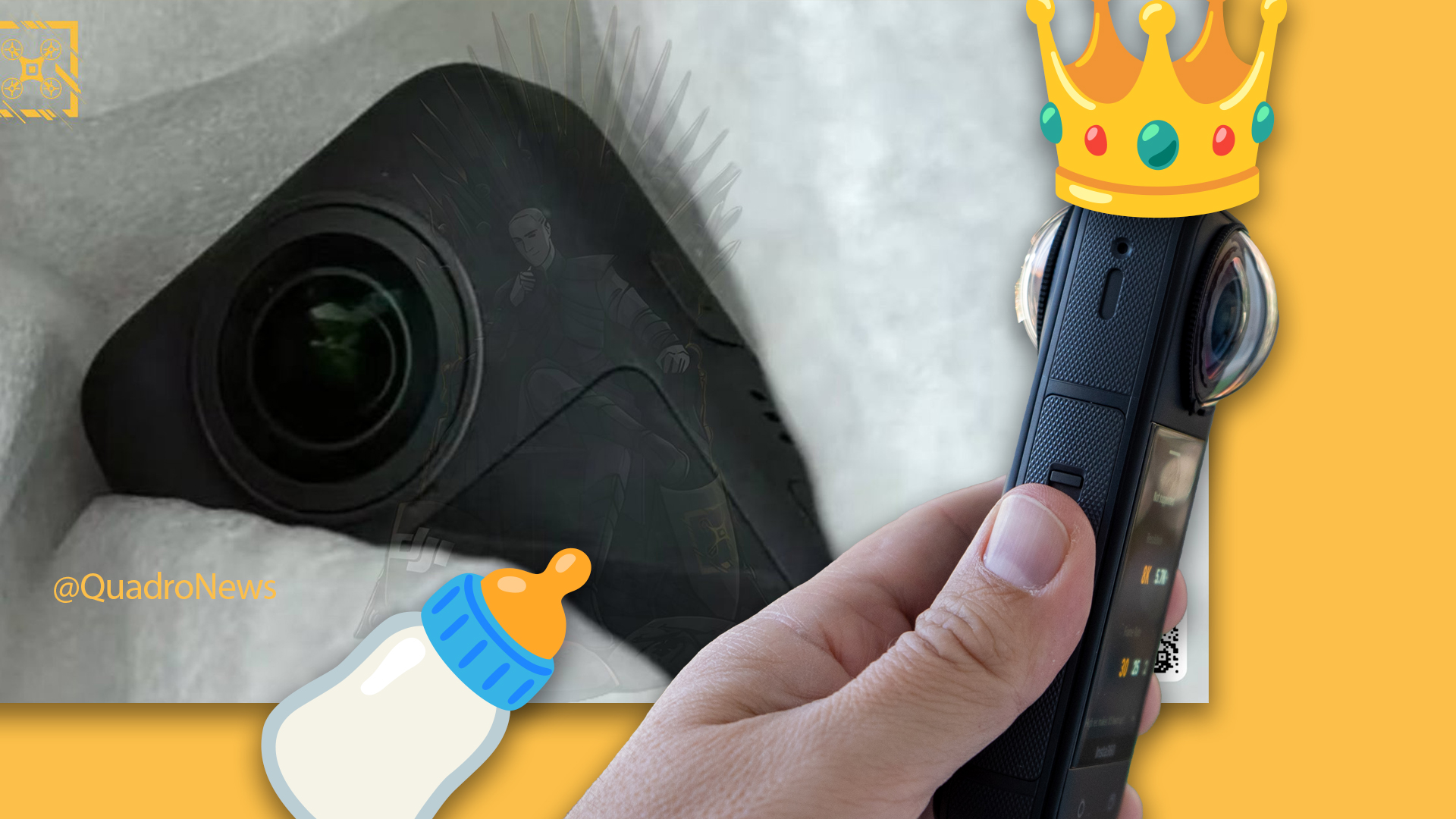 Leaked image of DJI Osmo 360 next to baby bottle icon and Future image of Insta360 X5 with crown on from Adam Juniper&#039;s review