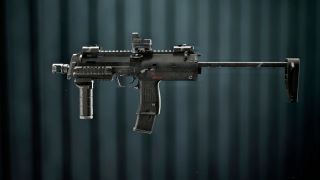 Battlefield 6 PW7A2 loadout: A side-on view of the PW7A2 SMG with attachments equipped, against a dark blue/green stripey bacckground.