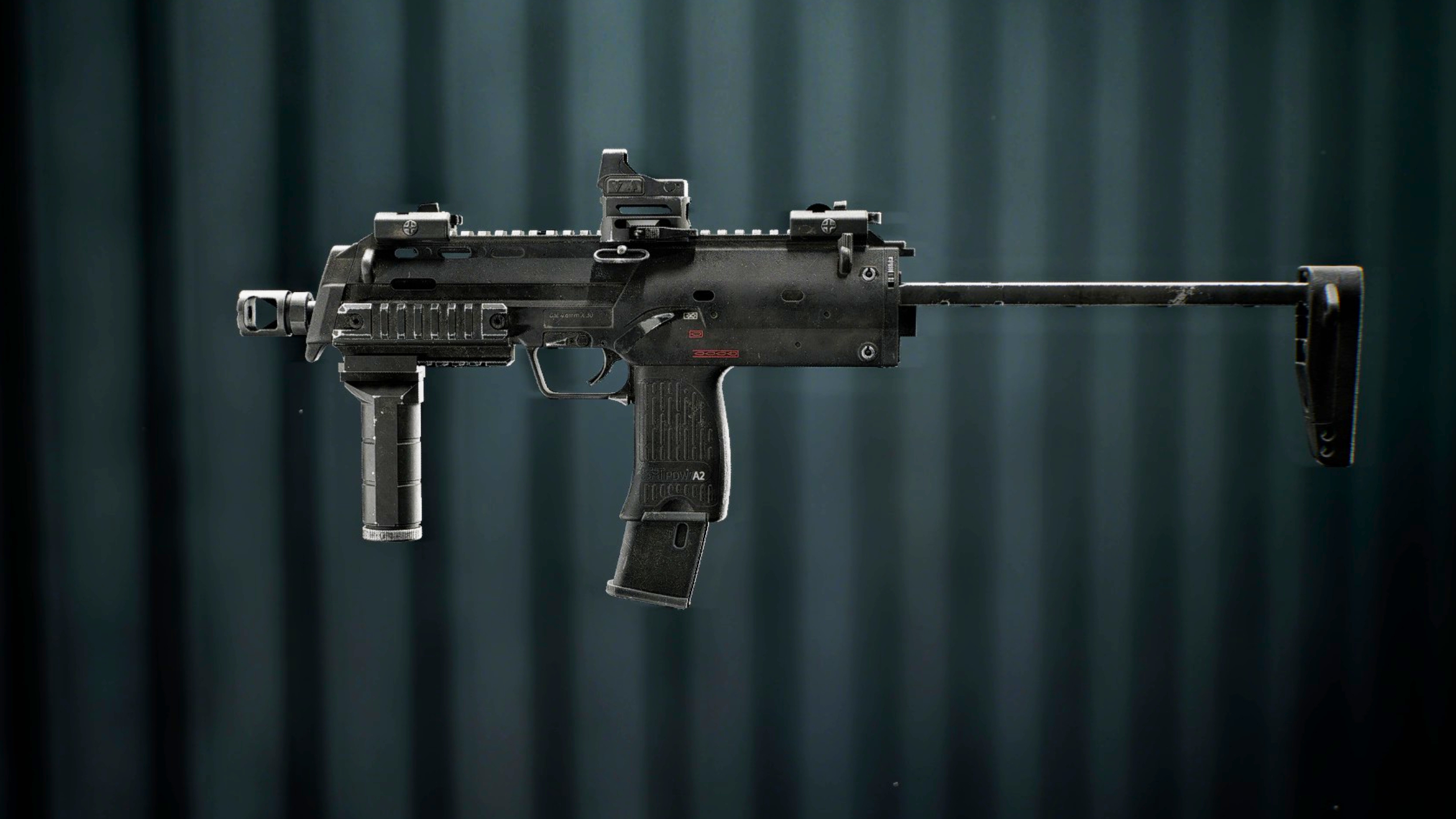 Battlefield 6 PW7A2 loadout: A side-on view of the PW7A2 SMG with attachments equipped, against a dark blue/green stripey bacckground.
