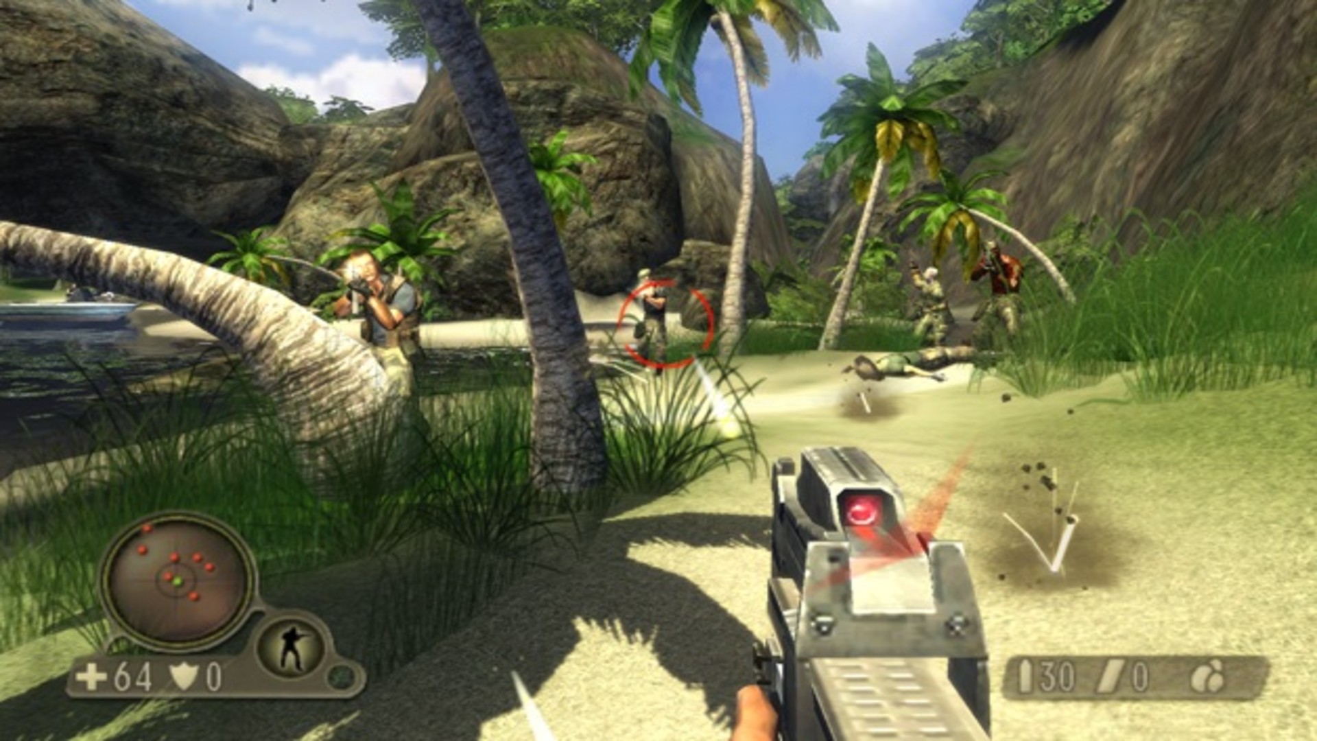 Far Cry Instincts screenshot showing a first-person perspective of the player character aiming a rifle on a sandy beach terrain against enemy soldiers