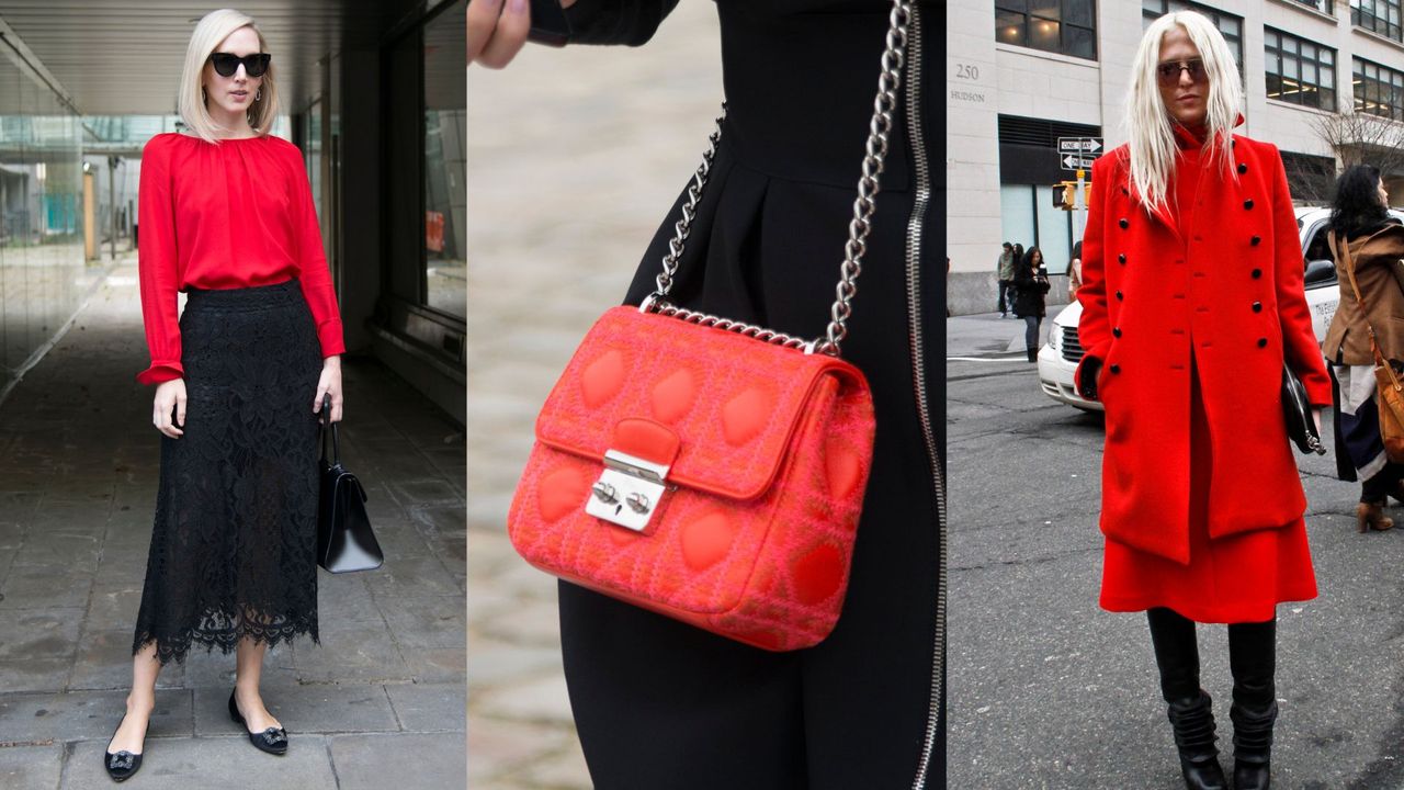 how to wear red: three women wearing red items