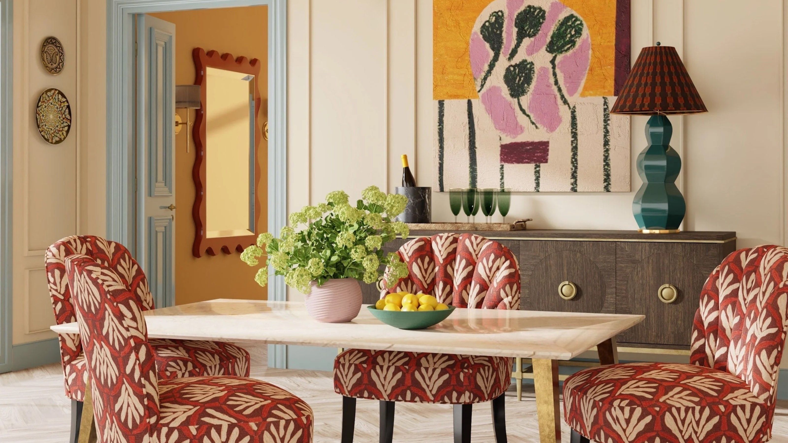 colorful dining room with blue trim doors, patterned dining chairs, artwork, console with lamp, dining table with bowl of lemon 