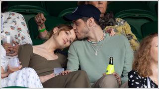 Phoebe Dynevor and Pete Davidson hosted by Lanson attend day 6 of the Wimbledon Tennis Championships at the All England Lawn Tennis and Croquet Club on July 03, 2021 in London, England