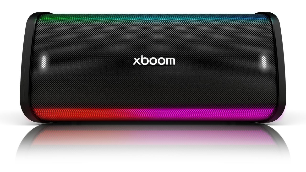 LG Xboom Stage Bluetooth speaker in black on a white background