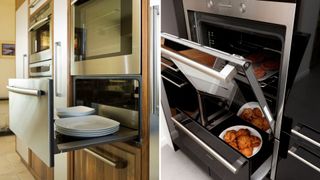 two close ups of warming drawer using used to warm plates and keep food food as a key kitchen trend 2023