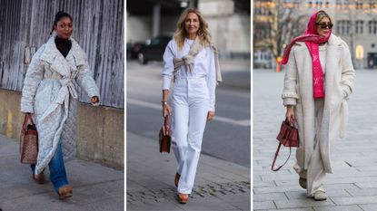 composite of street style shots showing how to style birkenstock clogs