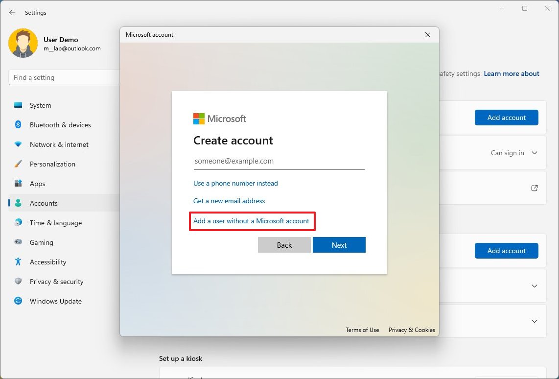 Add a user without a Microsoft account