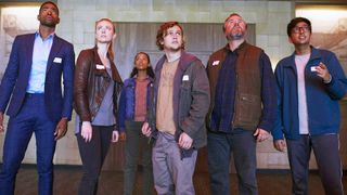 Jay Ellis, Deborah Ann Woll, Taylor Russell, Logan Miller, Tyler Labine, and Nik Dodani in "Escape Room" movie (2019)