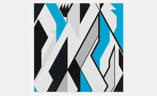 An abstract painting with shapes in blue, black and white.
