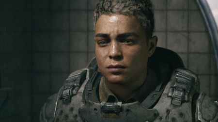 Mags Carter looks at herself in a mirror in the Gears of War co-op campaign