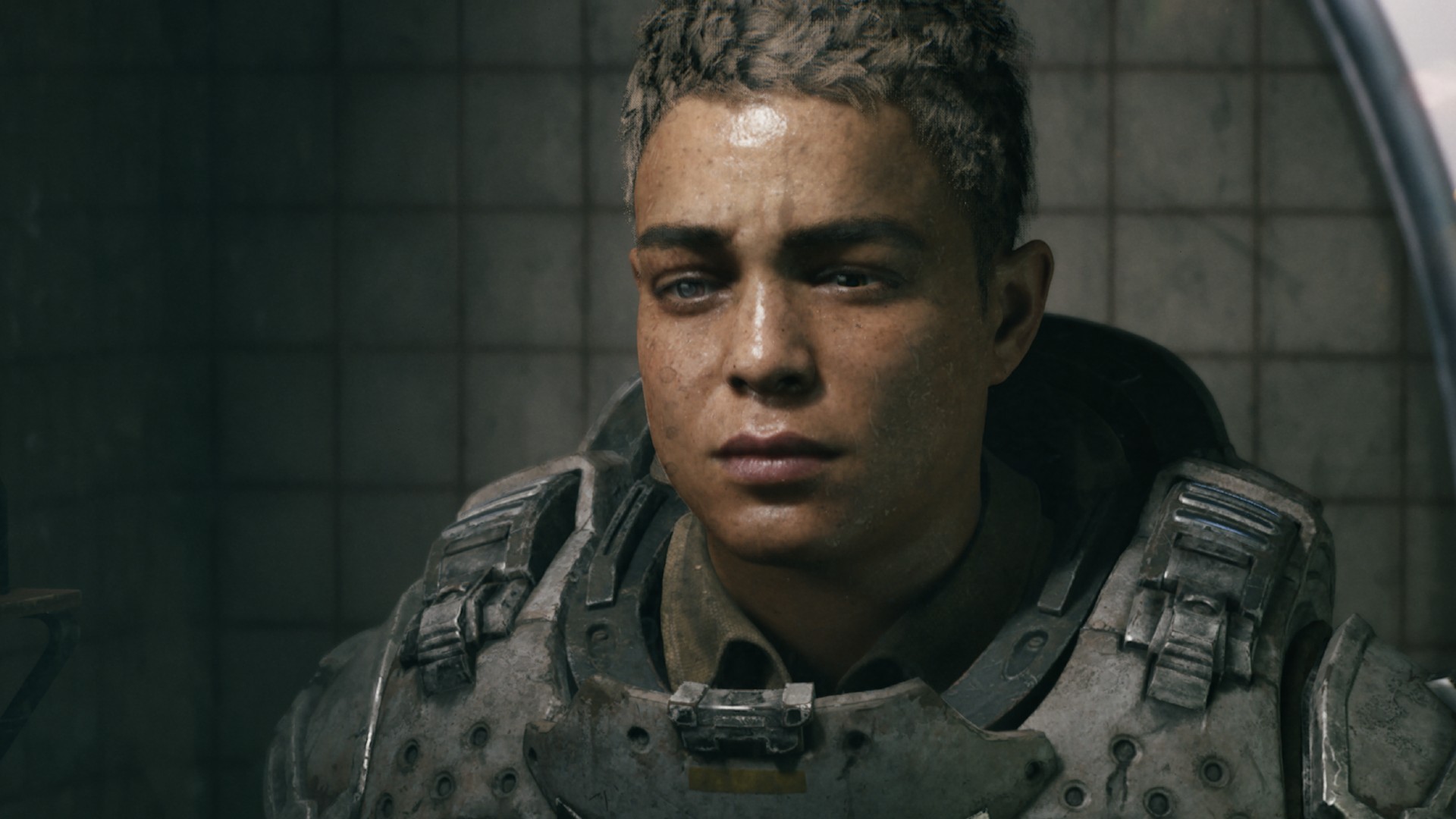 Mags Carter looks at herself in a mirror in the Gears of War co-op campaign