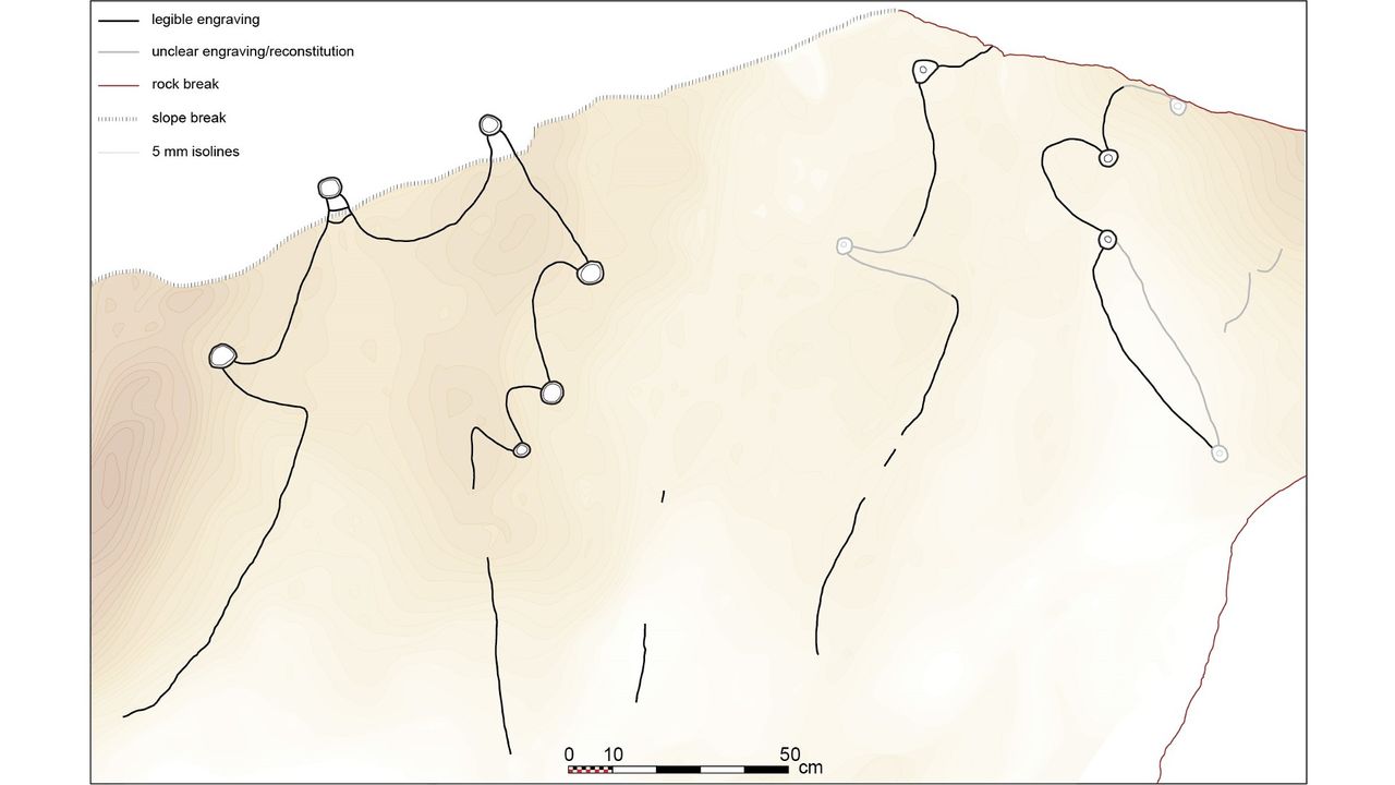 A drawing of a projected view of the kites&rsquo; representation showing legible and unclear engravings, with a colored restitution of the microtopography of the boulder surface, from Jebel az-Zilliyat, Saudi Arabia.