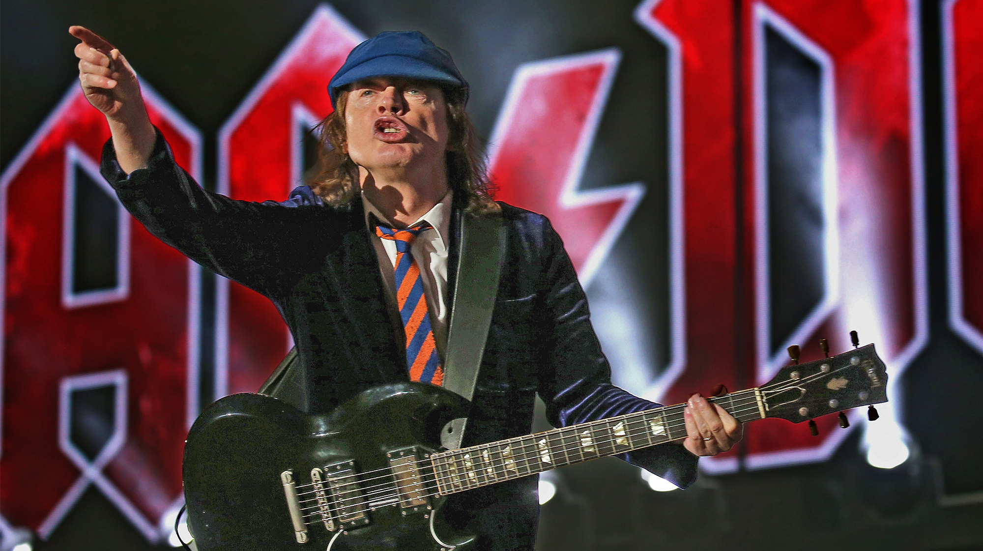 INDIO, CA - APRIL 17: Musician Angus Young of AC/DC performs onstage during day 1 of the 2015 Coachella Valley Music And Arts Festival (Weekend 2) at The Empire Polo Club on April 17, 2015 in Indio, California.