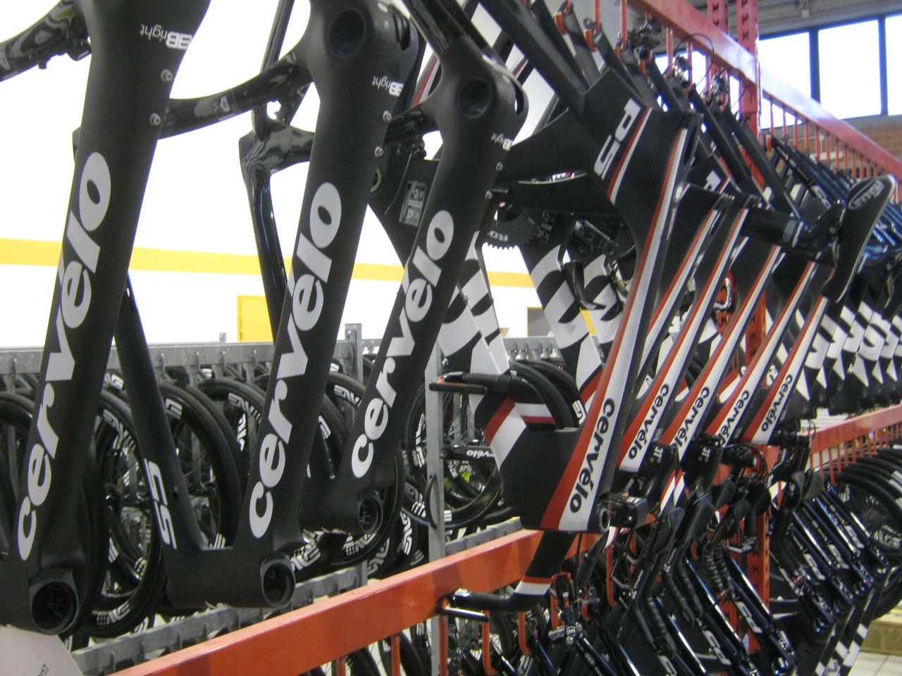 The racks are packed with old and new Cervelo frames