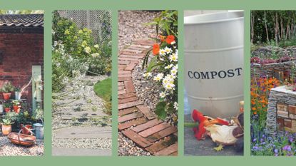 compilation image showing garden landscaping, watering and composting as suggestions for sustainable garden ideas