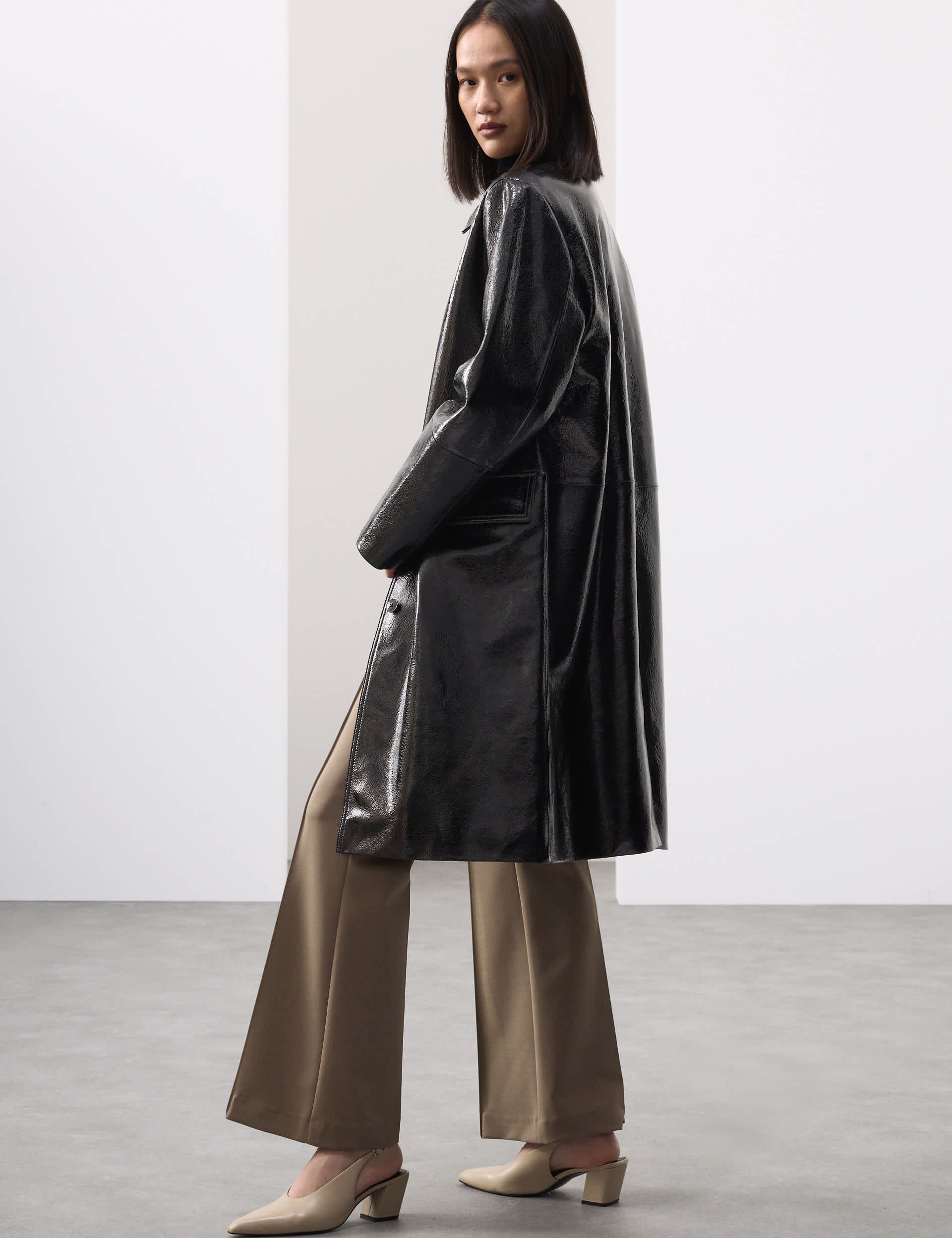 Leather Patent Crackle Longline Car Coat