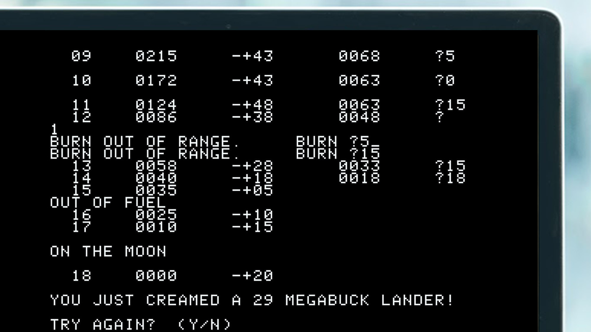 An emulated Apple-1 game on a laptop / Lunar Lander