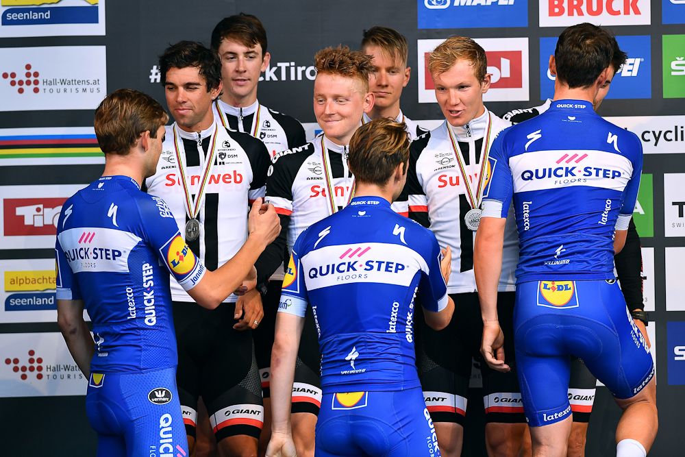 Chad Haga and Team Sunweb congratulate team time trial winner Quick-Step Floors at the 2018 UCI Road World Championships
