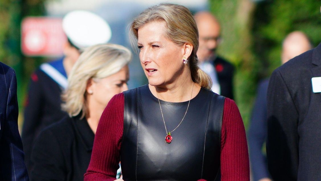 Duchess Sophie wears a leather dress over a red jumper during a visit to Brainwave in Bridgwater