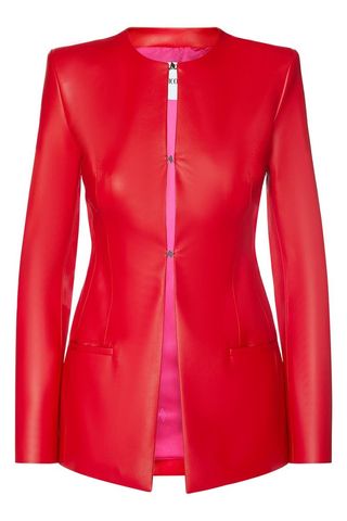 red faux leather coat