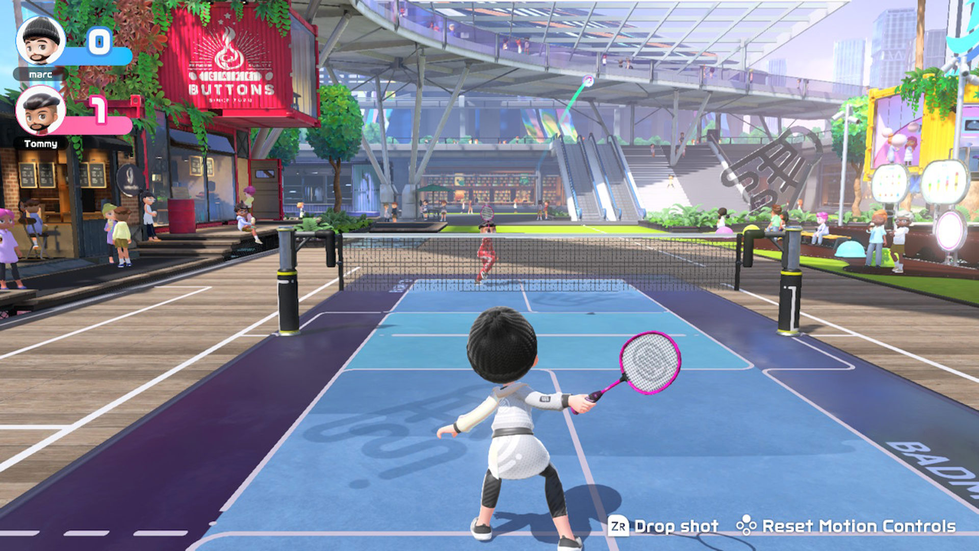 A screen from Nintendo Switch Sports showing the badminton mini-game