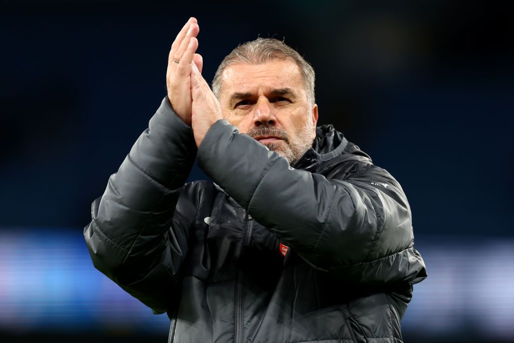 Tottenham Hotspur Manager Ange Postecoglou celebrates the 0-4 win during the Premier League match between Manchester City FC and Tottenham Hotspur FC at Etihad Stadium on November 23, 2024 in Manchester, England.