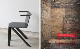 Modernly designed angular black chair. Red table in a brick room.
