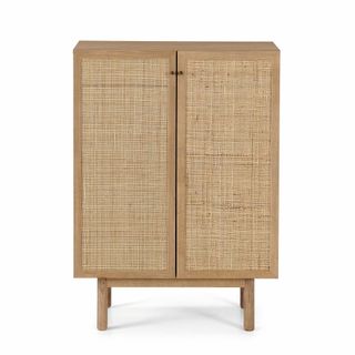 Sturdy oak finish rattan sideboard with small round handles