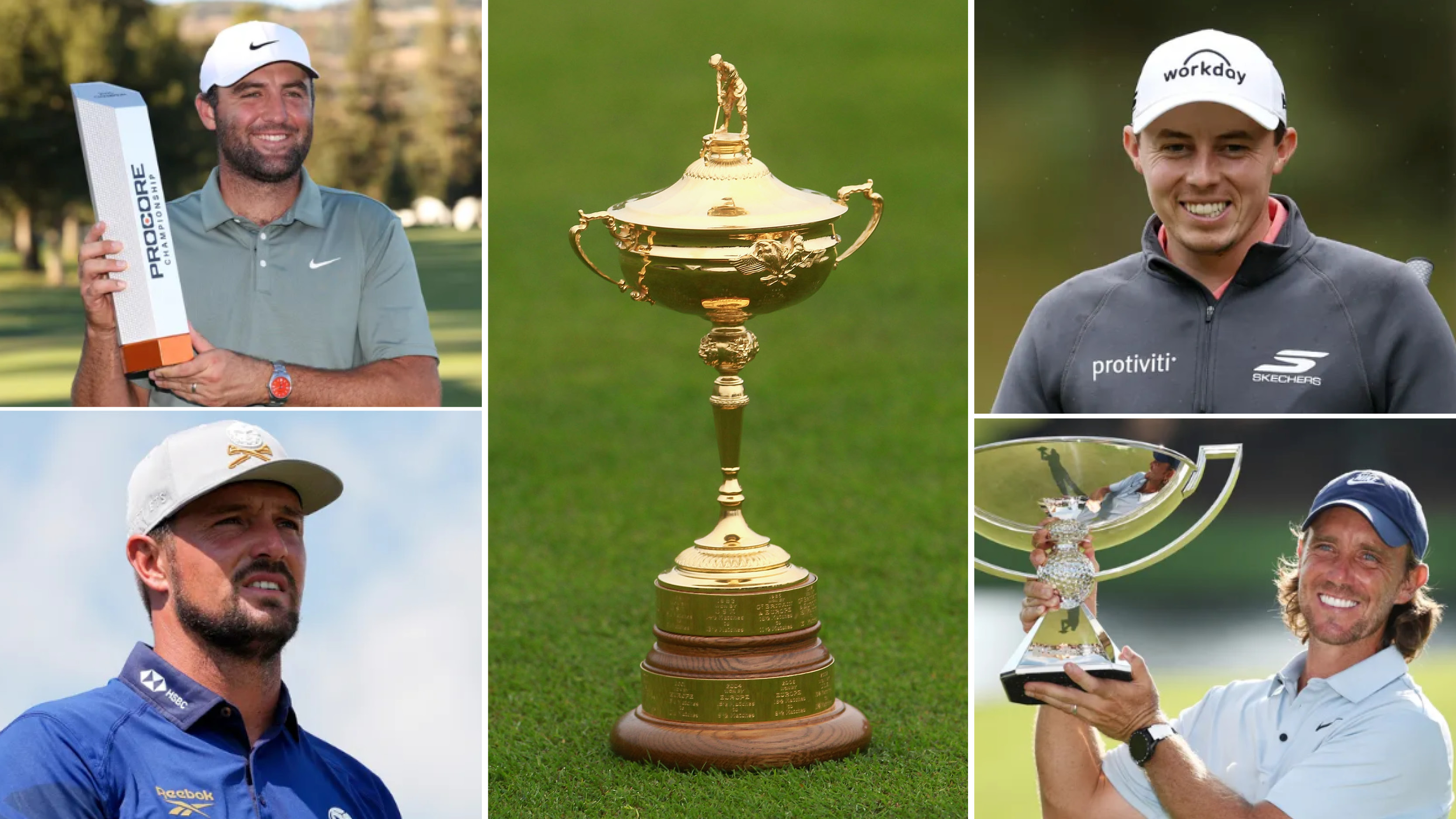 Scottie Scheffler, Bryson DeChambeau, Matt Fitzpatrick, Tommy Fleetwood and the Ryder Cup trophy