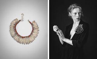 Left: ’Silver and Cloth’ necklace and Right: Alexander English shoots Calder jewellery