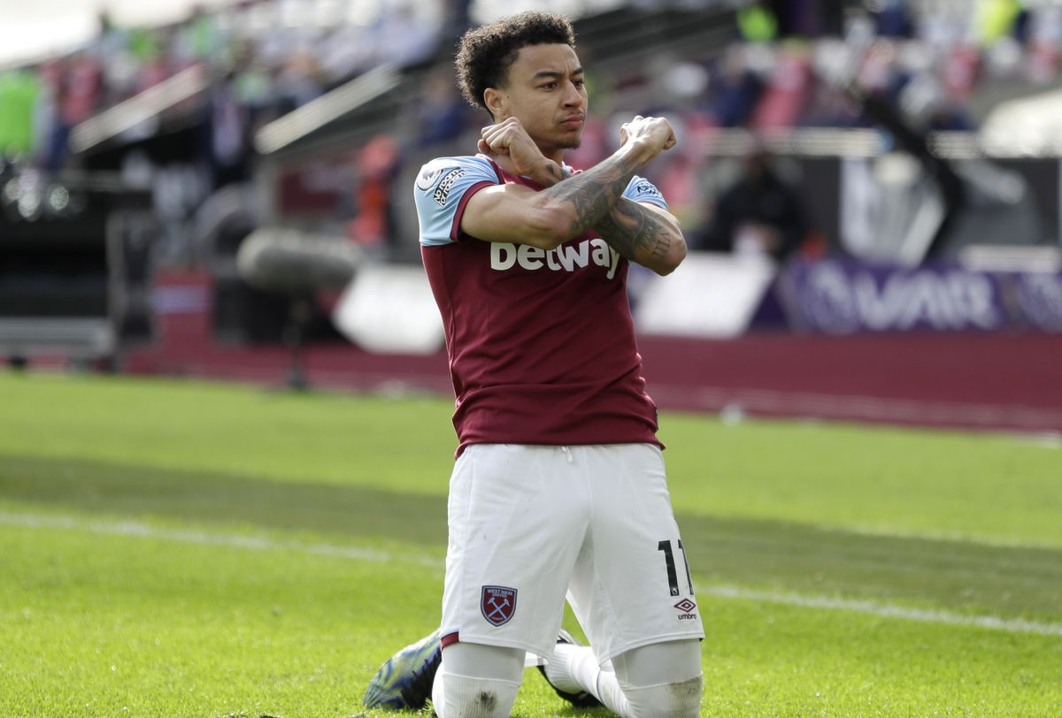 West Ham United&#039;s Jesse Lingard celebrates scoring their second goal of the game during the Premier League match at the London Stadium, London. Picture date: Sunday February 21, 2021.