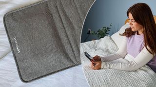 On the left, a close up of the Withings Sleep Tracker on a white sheet in our reviewer's bedroom. On the right, sleep tech writer Eve Davies sits up in bed checking her Withings Sleep App to assess her sleep score