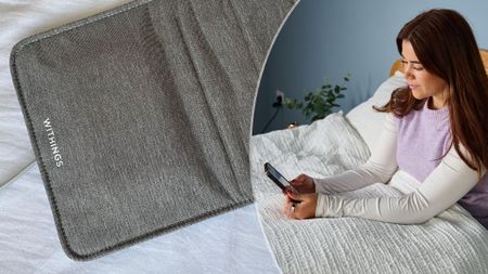 On the left, a close up of the Withings Sleep Tracker on a white sheet in our reviewer's bedroom. On the right, sleep tech writer Eve Davies sits up in bed checking her Withings Sleep App to assess her sleep score