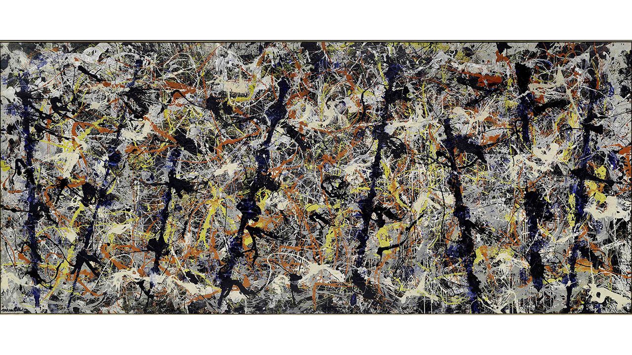 Blue poles, 1952<br/>Oil, enamel and aluminium paint with glass on canvas, 212.1 x 488.9 cm<br/>National Gallery of Australia, Canberra<br/>(c) The Pollock-Krasner Foundation ARS, NY and DACS
