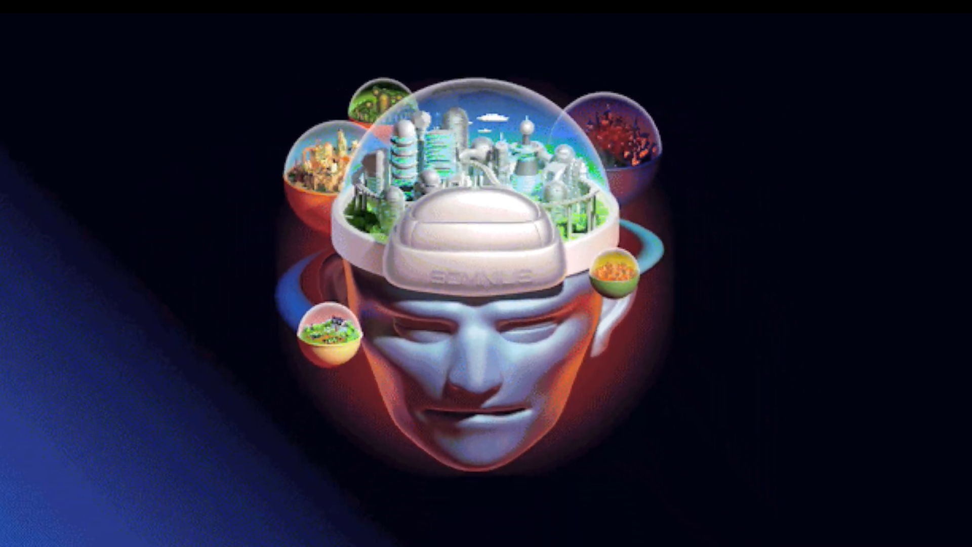 Screenshot from Dreamsettler&#039;s reveal trailer, showing a clay-like face on a black background with different cities existing in bulbs on the face&#039;s head.