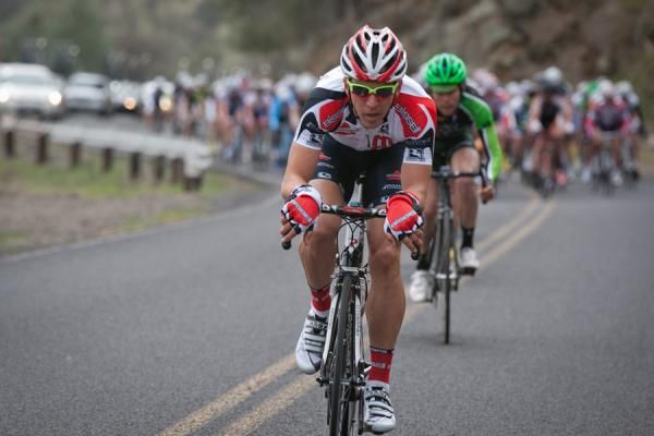 Merco Cycling Classic defending champion Ben Jaques-Maynes (Bissell) takes it upon himself to close the gap on a break in stage one of the Merco Cycling Classic.