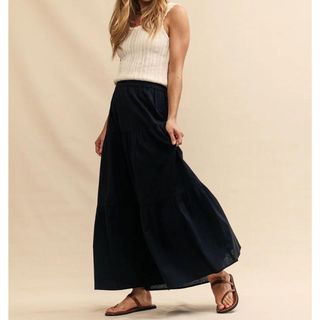 Black Linen-blend Tiered Maxi skirt