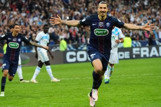 Zlatan Ibrahimovic celebrates a goal for Paris Saint-Germain against Marseille in the 2016 Coupe de France final.