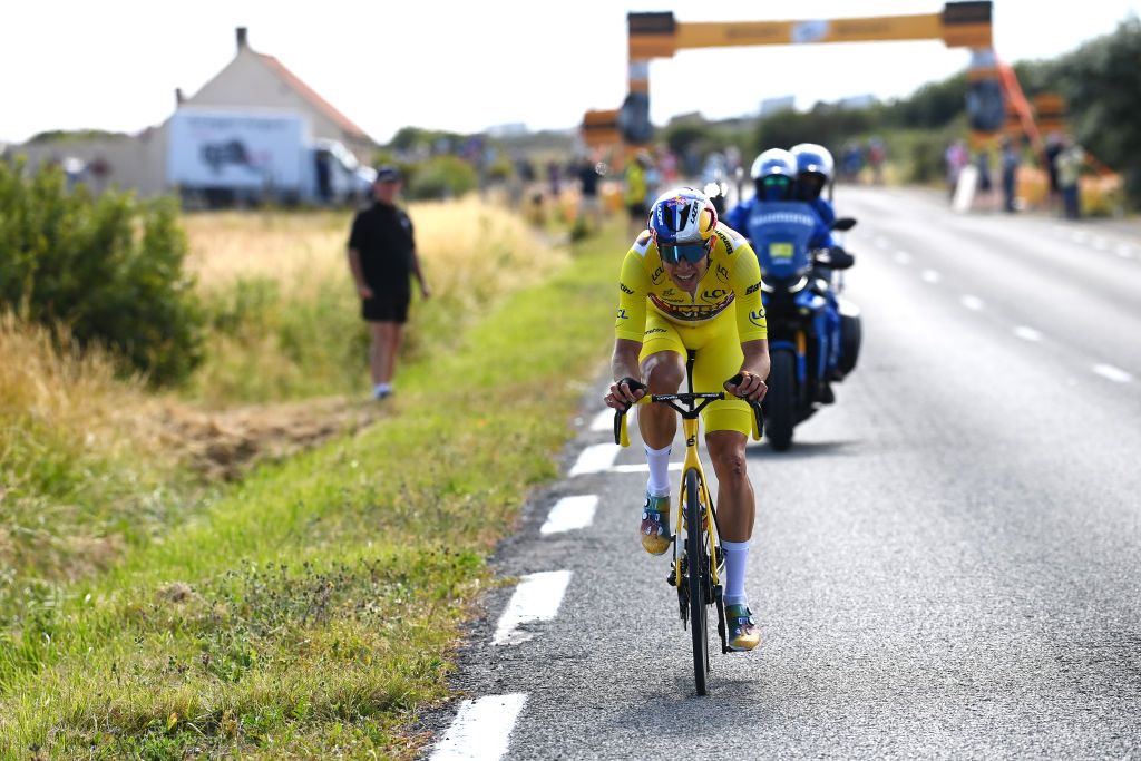CALAIS FRANCE JULY 05 Wout Van Aert of Belgium and Team Jumbo Visma Yellow Leader Jersey attacks in the breakaway during the 109th Tour de France 2022 Stage 4 a 1715km stage from Dunkerque to Calais TDF2022 WorldTour on July 05 2022 in Calais France Photo by Tim de WaeleGetty Images