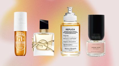 fall perfumes from Sol De Janeiro, YSL, Mason Margiela and Boy Smells in a orang, cream and pink gradient template