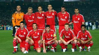 The Liverpool football team prior to the UEFA Champions League Final match between Liverpool and AC Milan at the Olympic Stadium in Athens, Greece on May 23, 2007. AC Milan won 2-1. Left to right, back row: Pepe Reina, Dirk Kuyt, Xabi Alonso, Daniel Agger, Jamie Carragher and Javier Mascherano; front row: Steve Finnan, Boudewijn Zenden, Steven Gerrard, John Arne Riise and Jermaine Pennant. (Photo by Popperfoto via Getty Images/Getty Images)