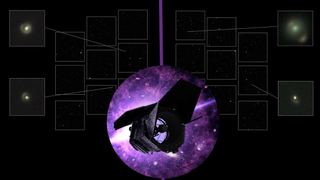 (Main) A simulated observation from NASA’s Nancy Grace Roman Space Telescope with an overlay of its Wide Field Instrument’s field of view. More than 20 gravitational lenses, with examples shown at left and right, are expected to pop out in every one of Roman’s vast observations. (Inset) an illustration of Roman in space