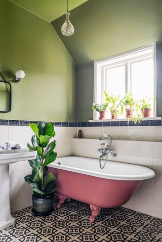 A hygienic bathroom complemented with a fig tree and potted plants