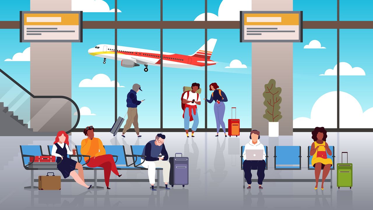 depiction of people in an airport terminal for frequent flyer tax story