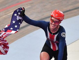 US' Christina Birch and Kimberly Geist celebrate after winning the Women's Madison cycling finals at the Panamerican Games 2019 in Lima Peru, on August 4, 2019 (Photo by Luis ACOSTA / AFP) (Photo credit should read LUIS ACOSTA/AFP via Getty Images)